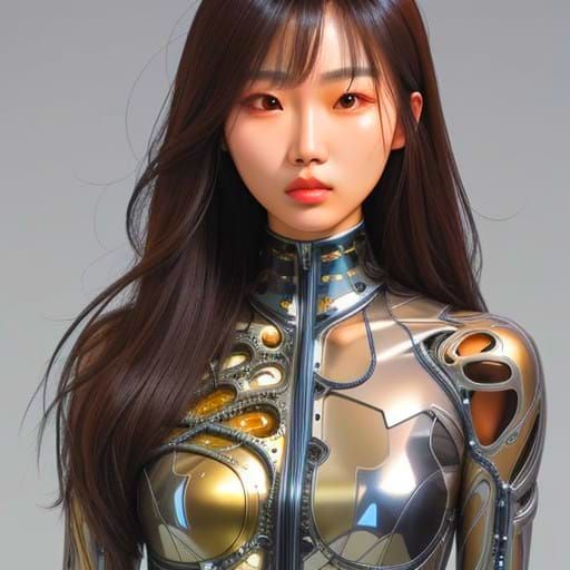 Sleek Asian Woman in Cyberpunk Biomechanical Exosuit