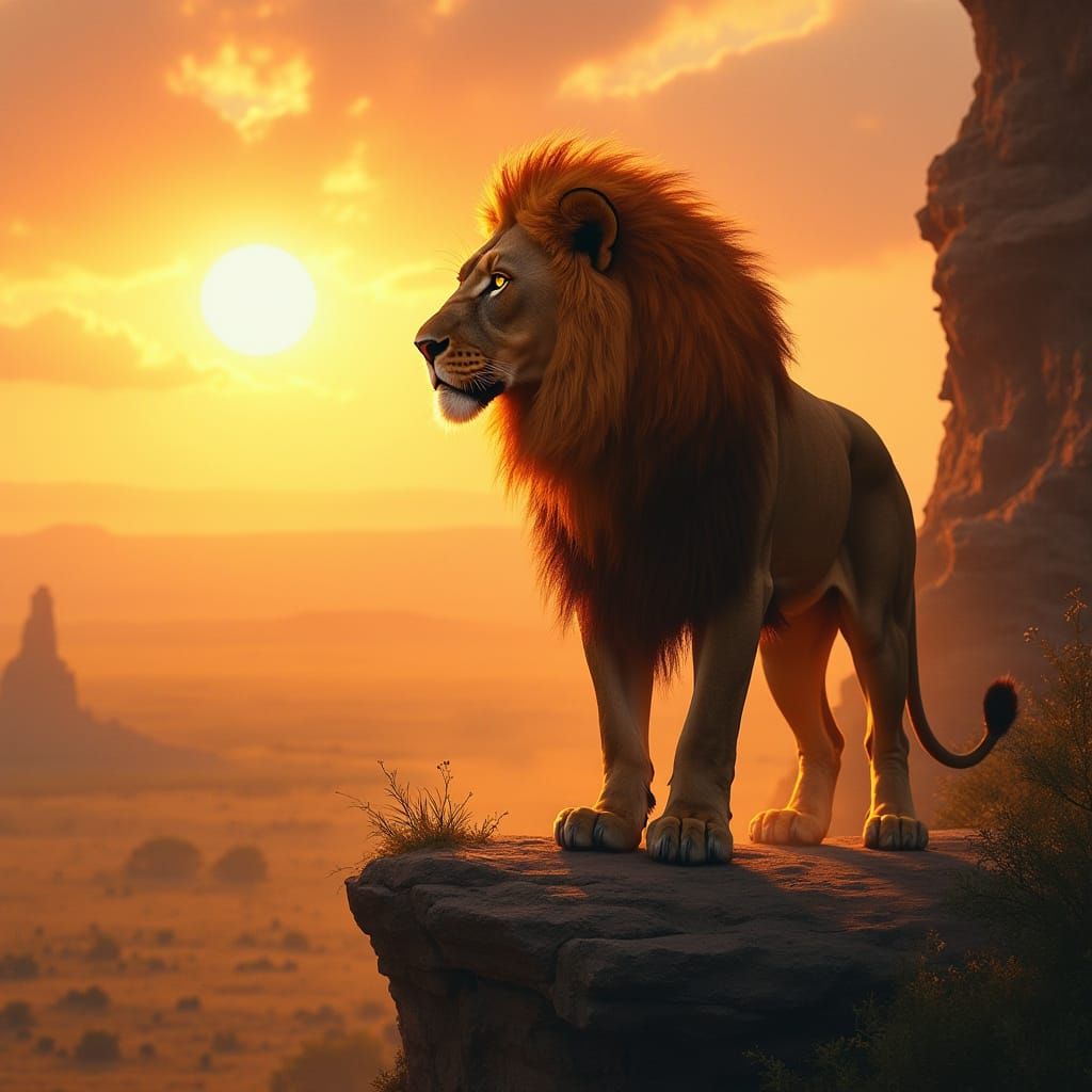 Fiery Lion Overlooking Savanna, Surrealist Style