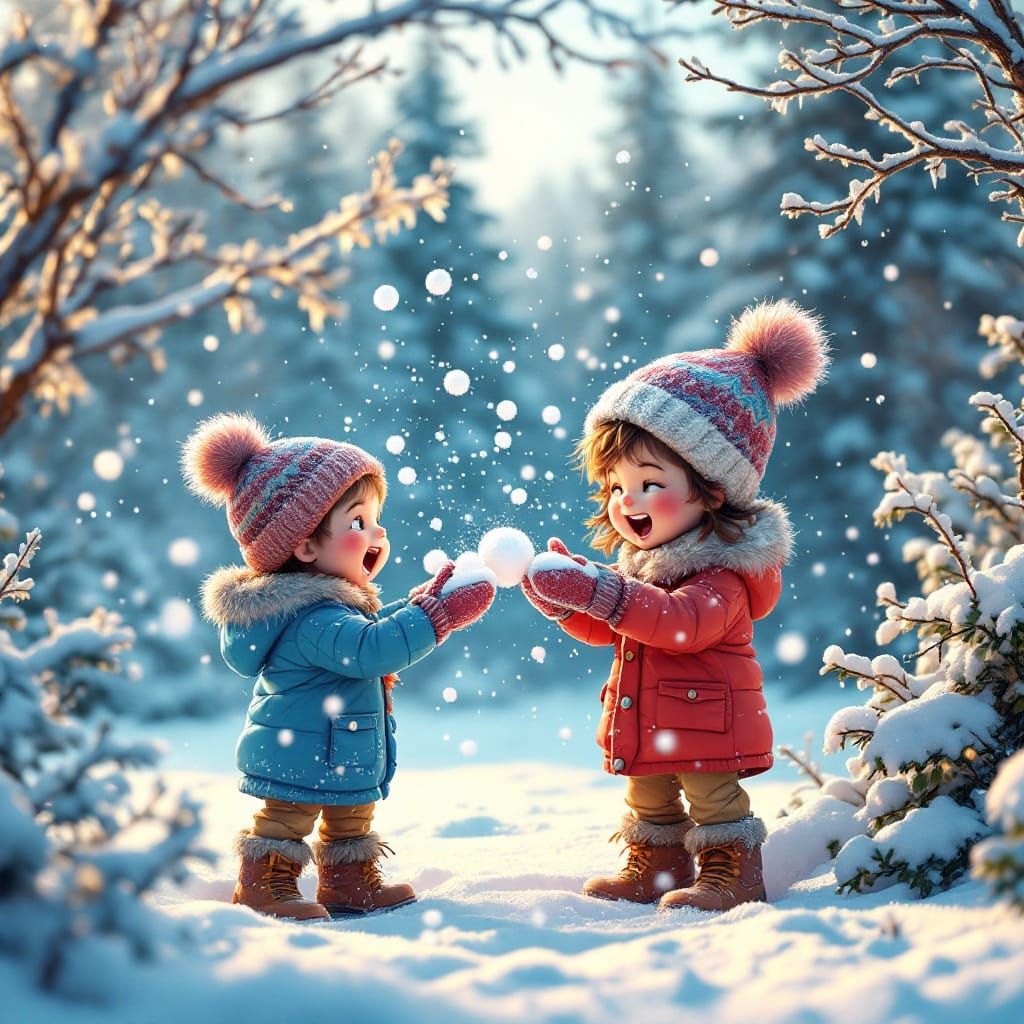 Magical Winter Wonderland Scene with Joyful CGI Children
