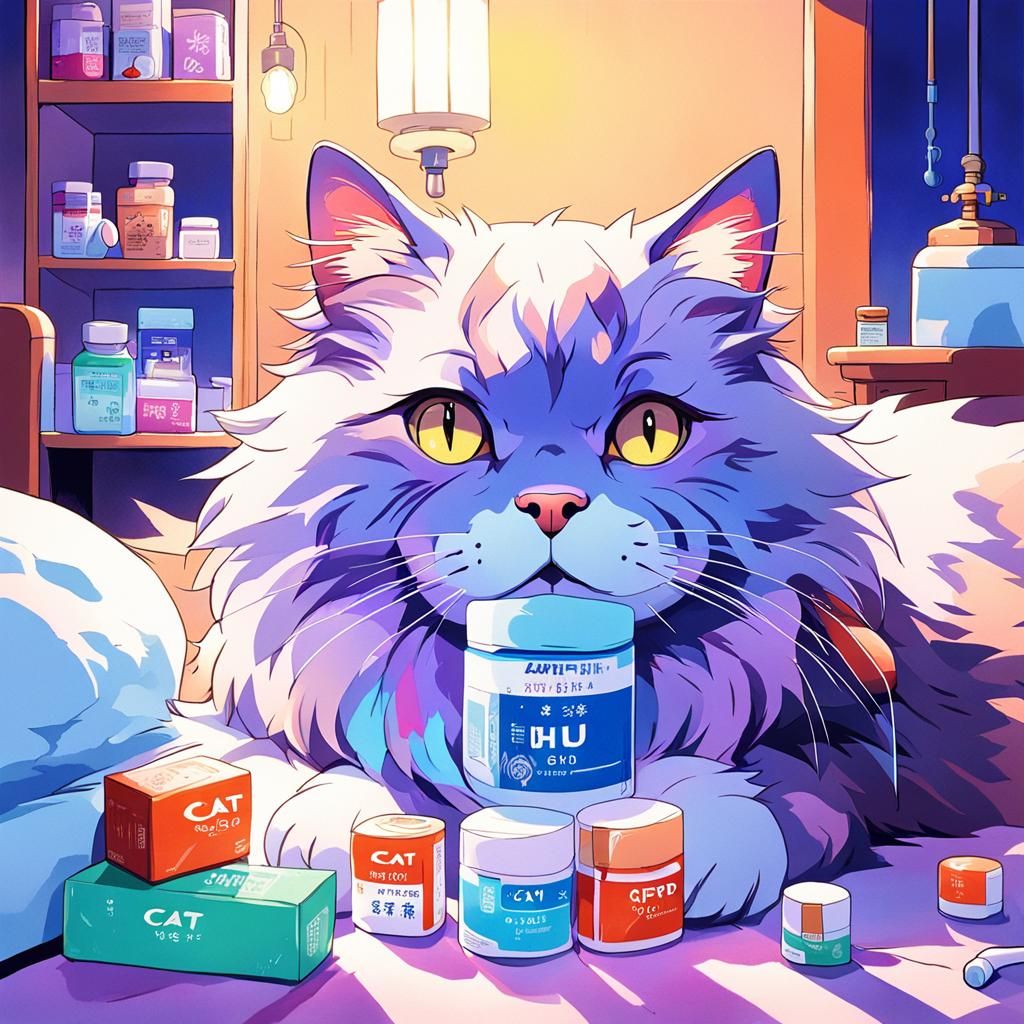 Anime Cat with Cold in Cel-Shaded Style