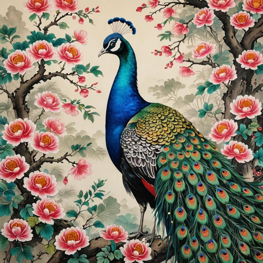 Vibrant Peacock in Traditional Chinese Guohua Art