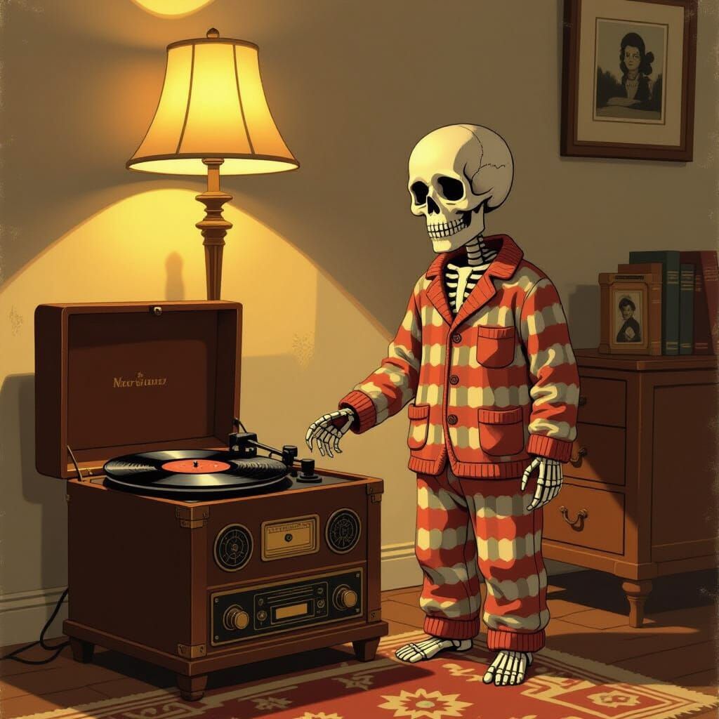 Skeleton Waits for Vinyl Record in Moody Lamplight
