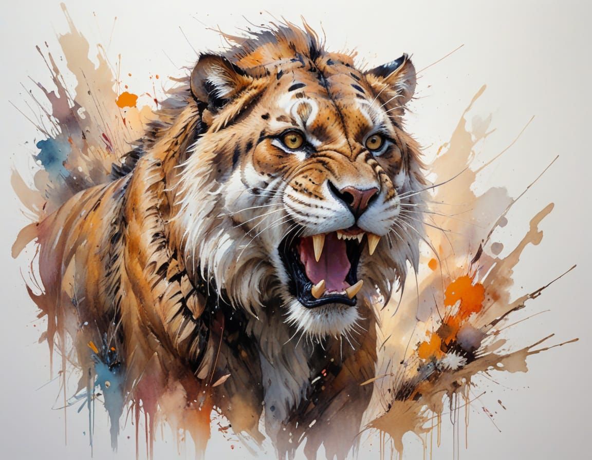 Smilodon Cat Surveys Dramatic Wilderness in Neo-Impressionis...