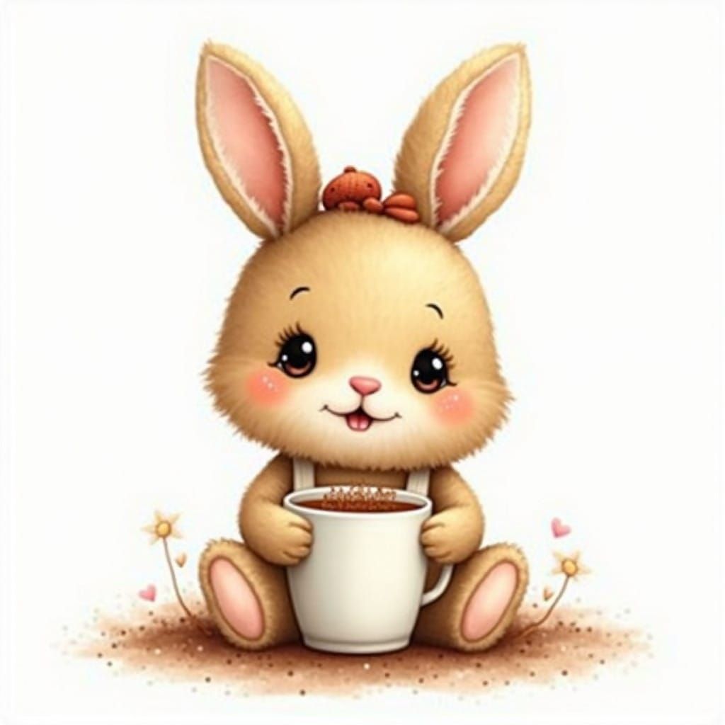 Whimsical Brown Rabbit Sips Coffee in a Bright White Setting