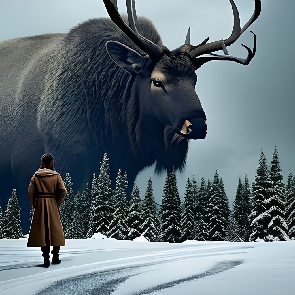 A Viking and a giant ancient god elk, protector of the woodl...