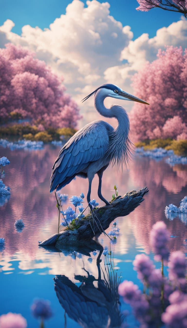 Blue Heron in a Blue Landscape: Fantasy Art