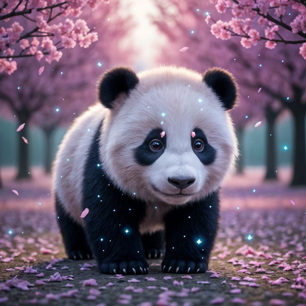 Confused Panda Cub in Serene Sakura Garden