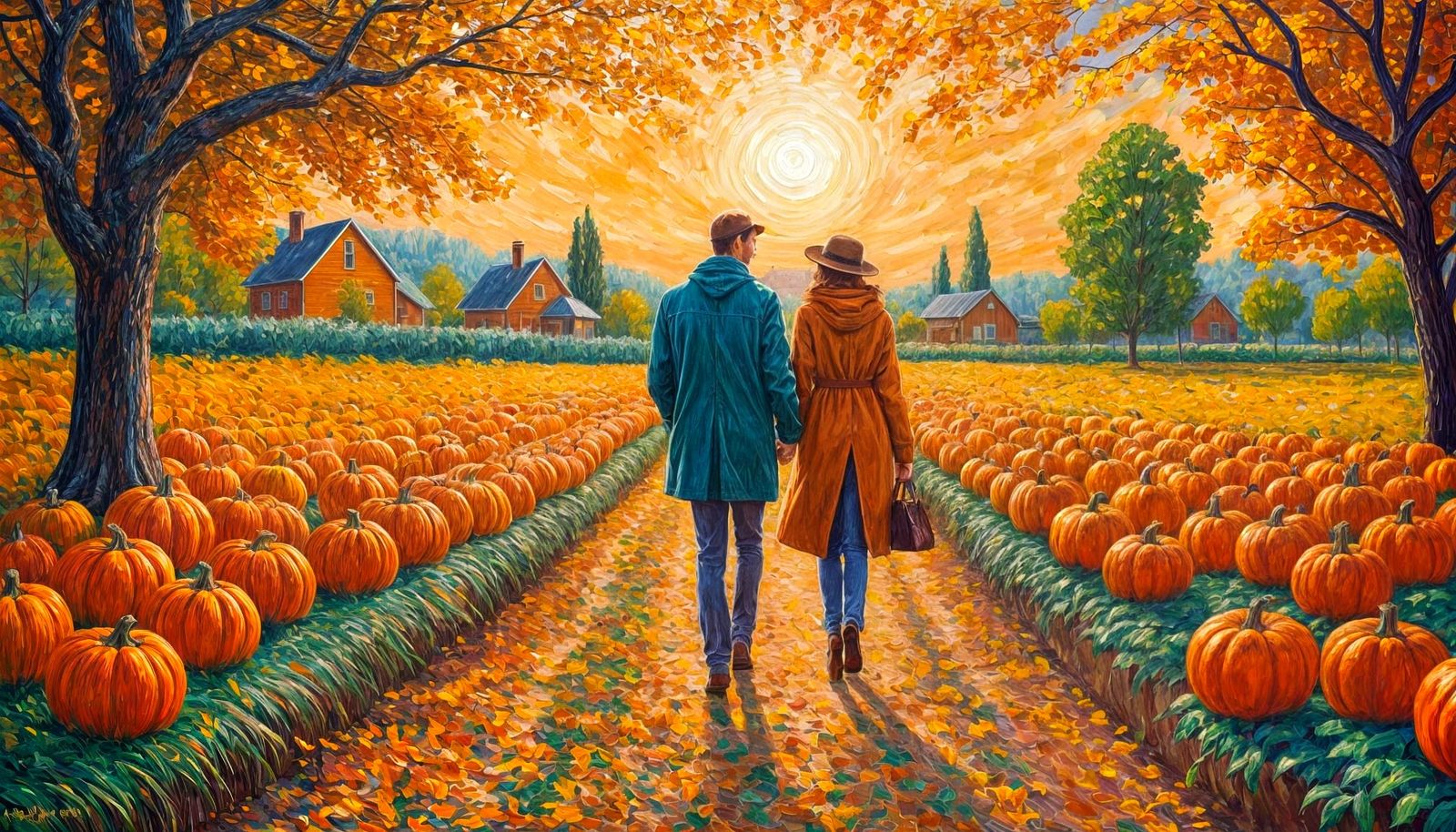 Impressionistic Autumn Scene: Couple in Pumpkin Patch