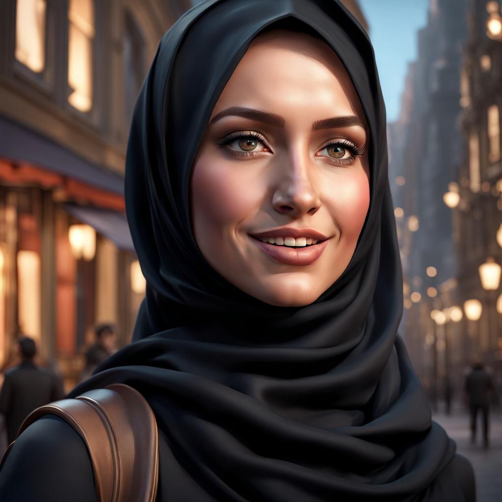 Beautiful Hijabi Student Portrait in Cityscape, Hyperdetaile...