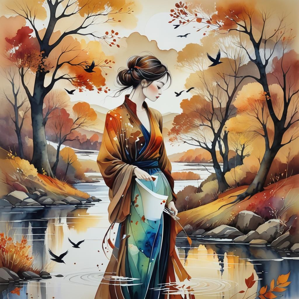 Stunning woman in flowing autumn , river, birds, country, In...