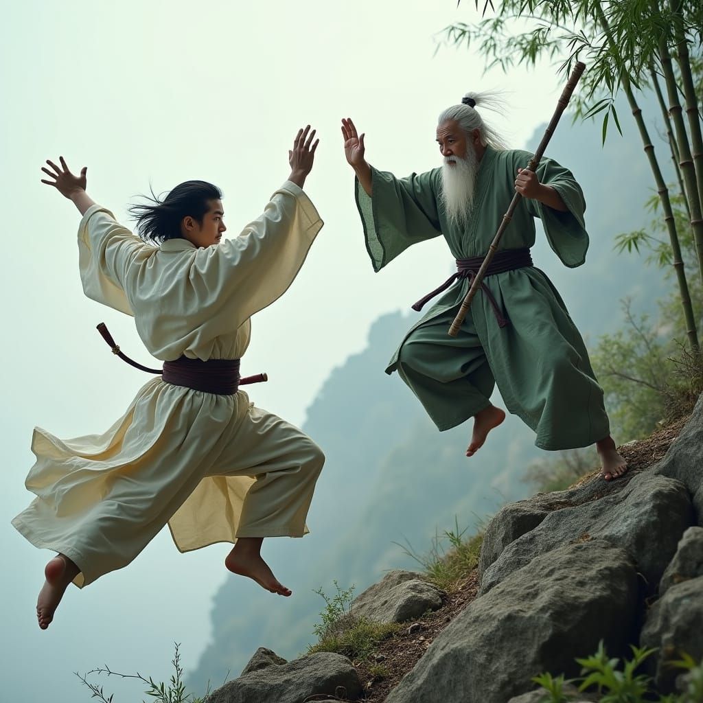 Kung Fu Master Leaps Through Air on Mountain