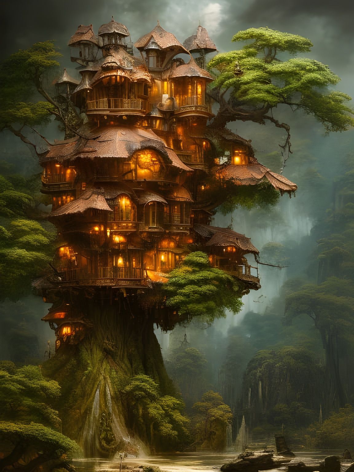 Clockpunk Treehouse in Bonsai Tree: Digital Oil Painting