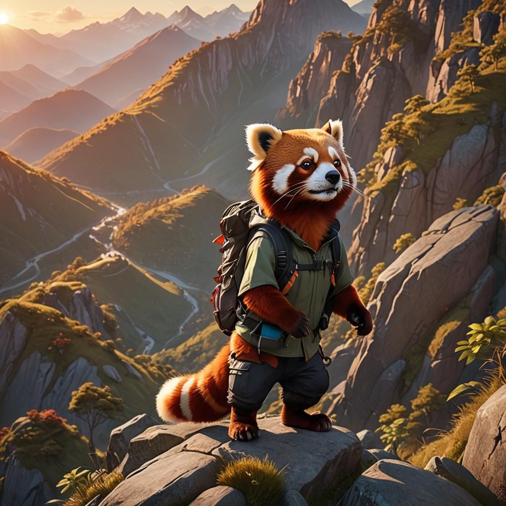 Red Panda Hiker in Vibrant 3D Landscape