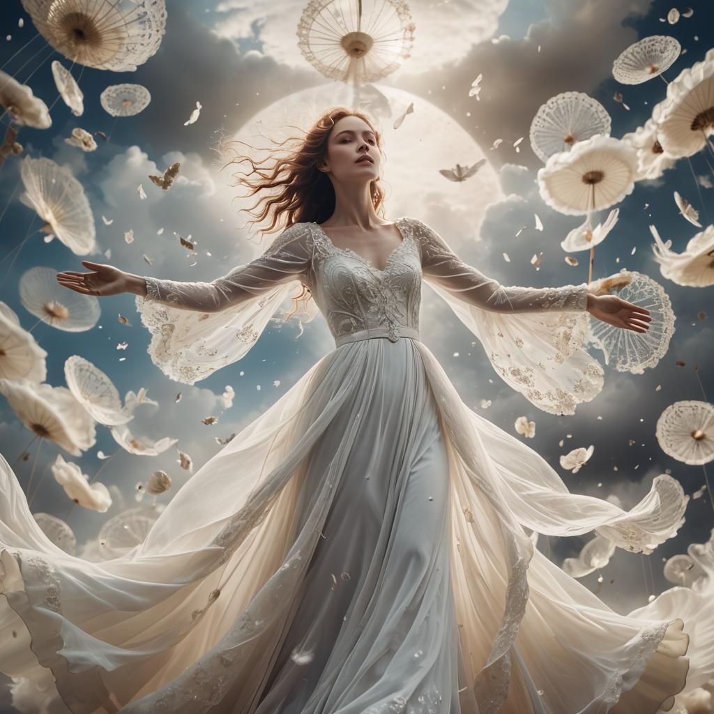 Ethereal Marie on Cloud in Soft Focus Surrealism
