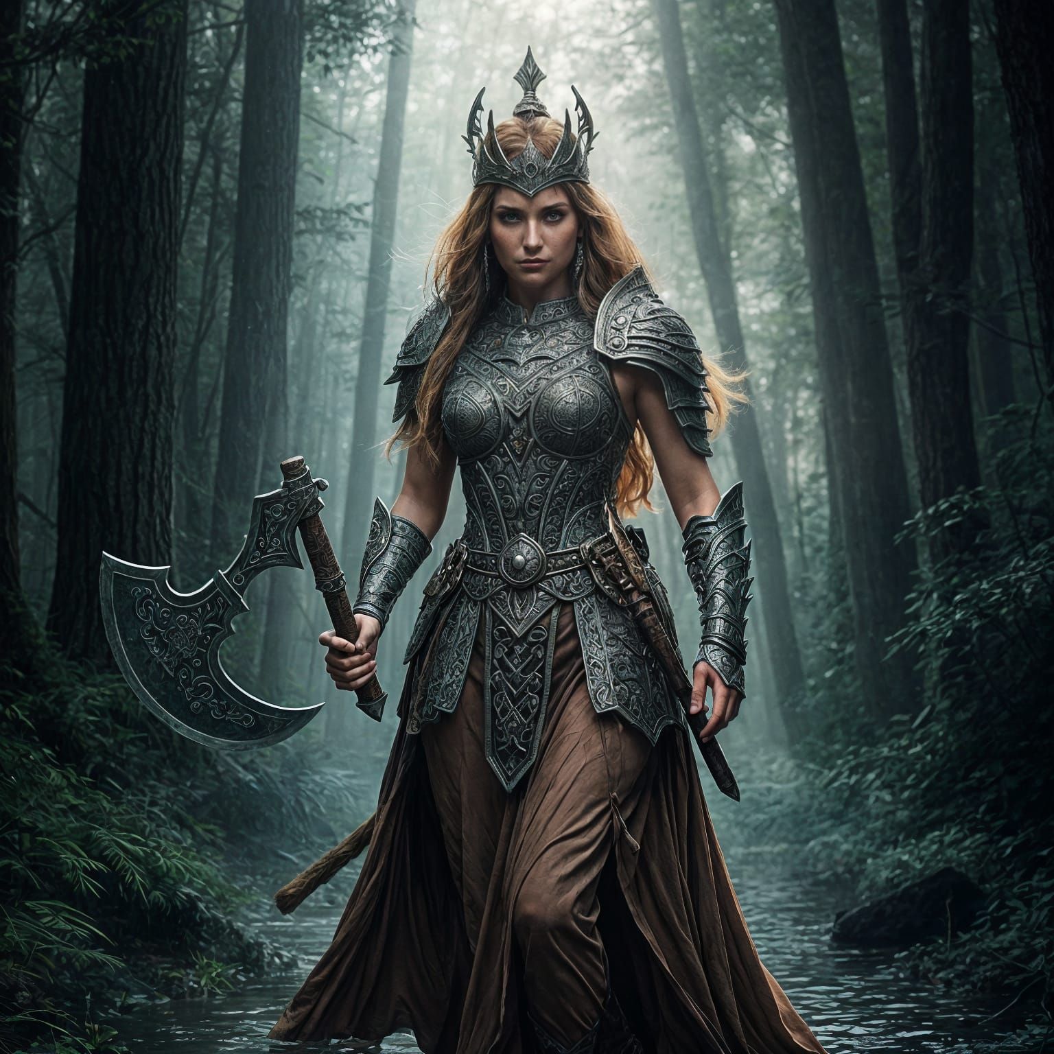 Majestic Warrior Princess in Hyperrealistic Armor Walks Thro...