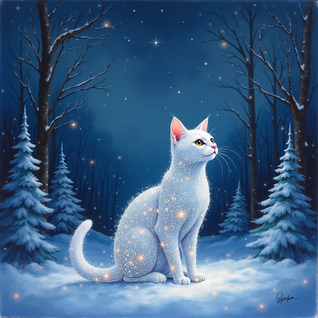 Glowing Diamond Cat in a Sparkling Snowy Forest