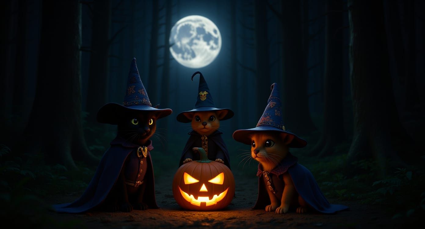 Animals in Halloween Costumes Under Full Moon