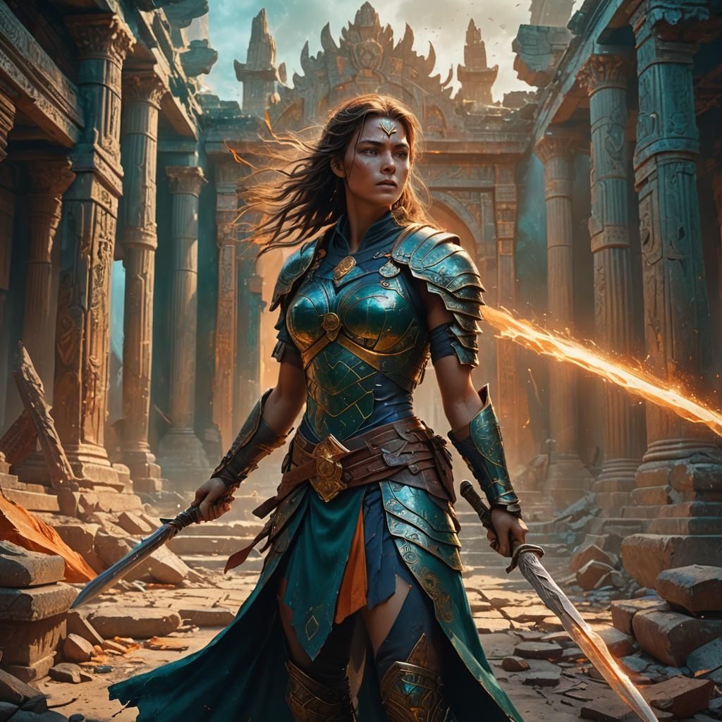 Powerful Warrior in Ravaged Temple: Fantasy Art