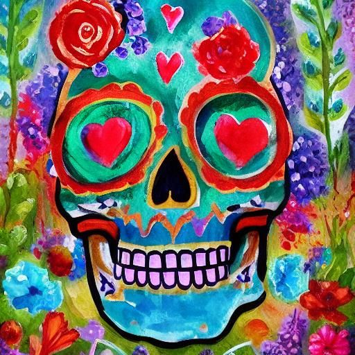 Impressionist Sugar Skull Skeleton with Flowers