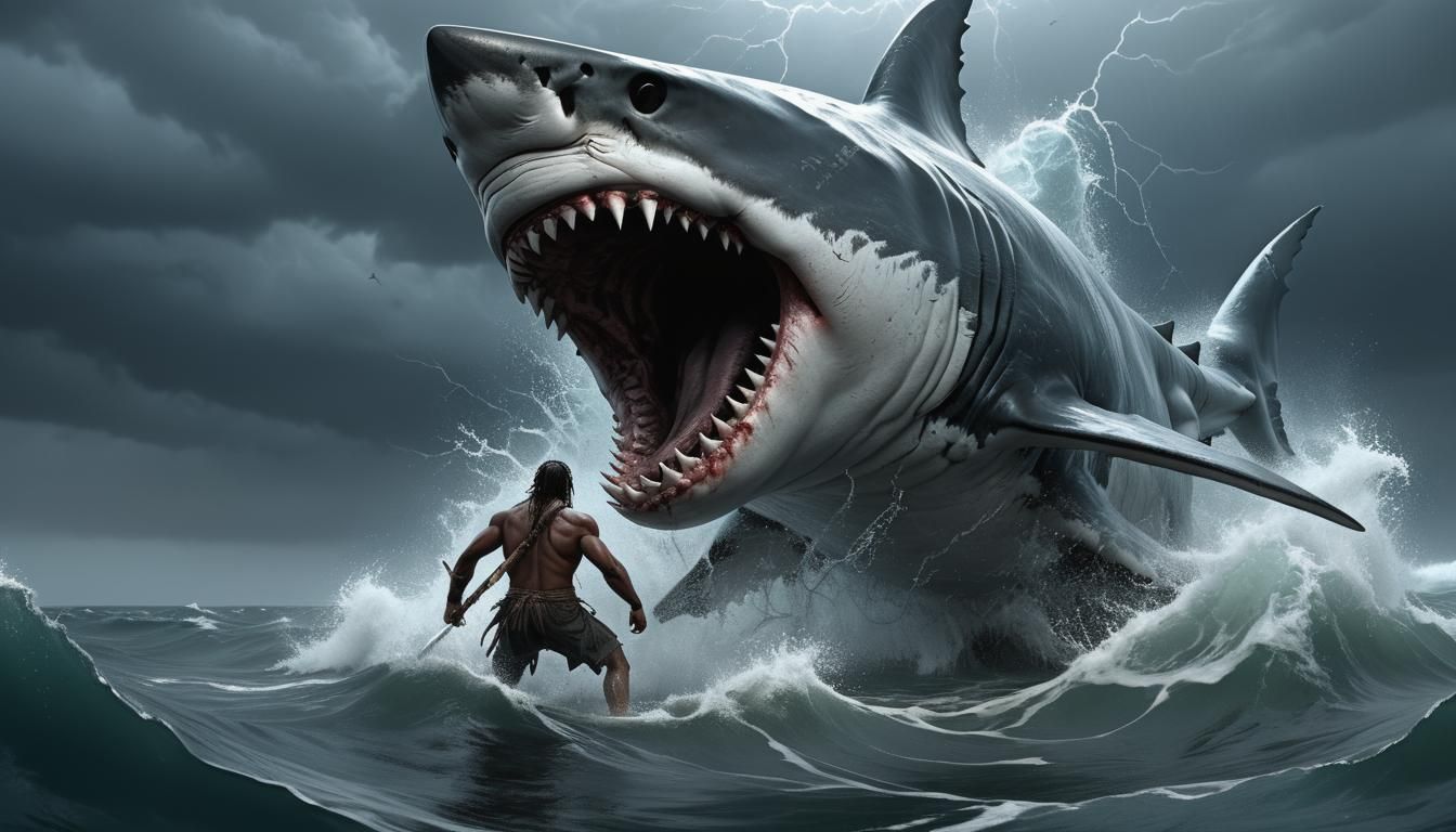 Tribal man doing (battle:1.3) with a great white shark in ravaging ocean water's. Epic 8k resolution concept art; art Br...