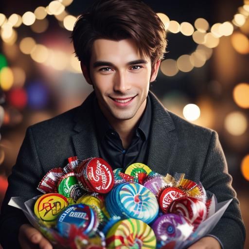 Happy Swiss Man Surrounded by Luscious Candy in a Profession...