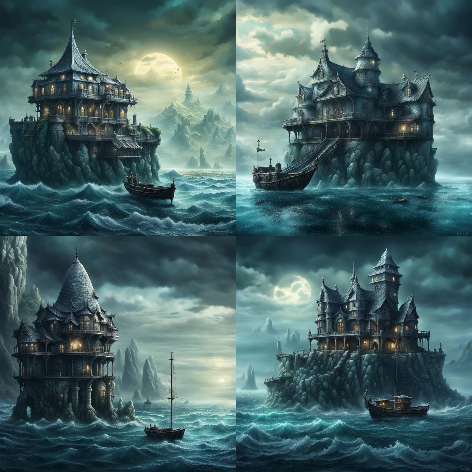 Dark Fantasy Sea Elf Outpost on Open Sea
