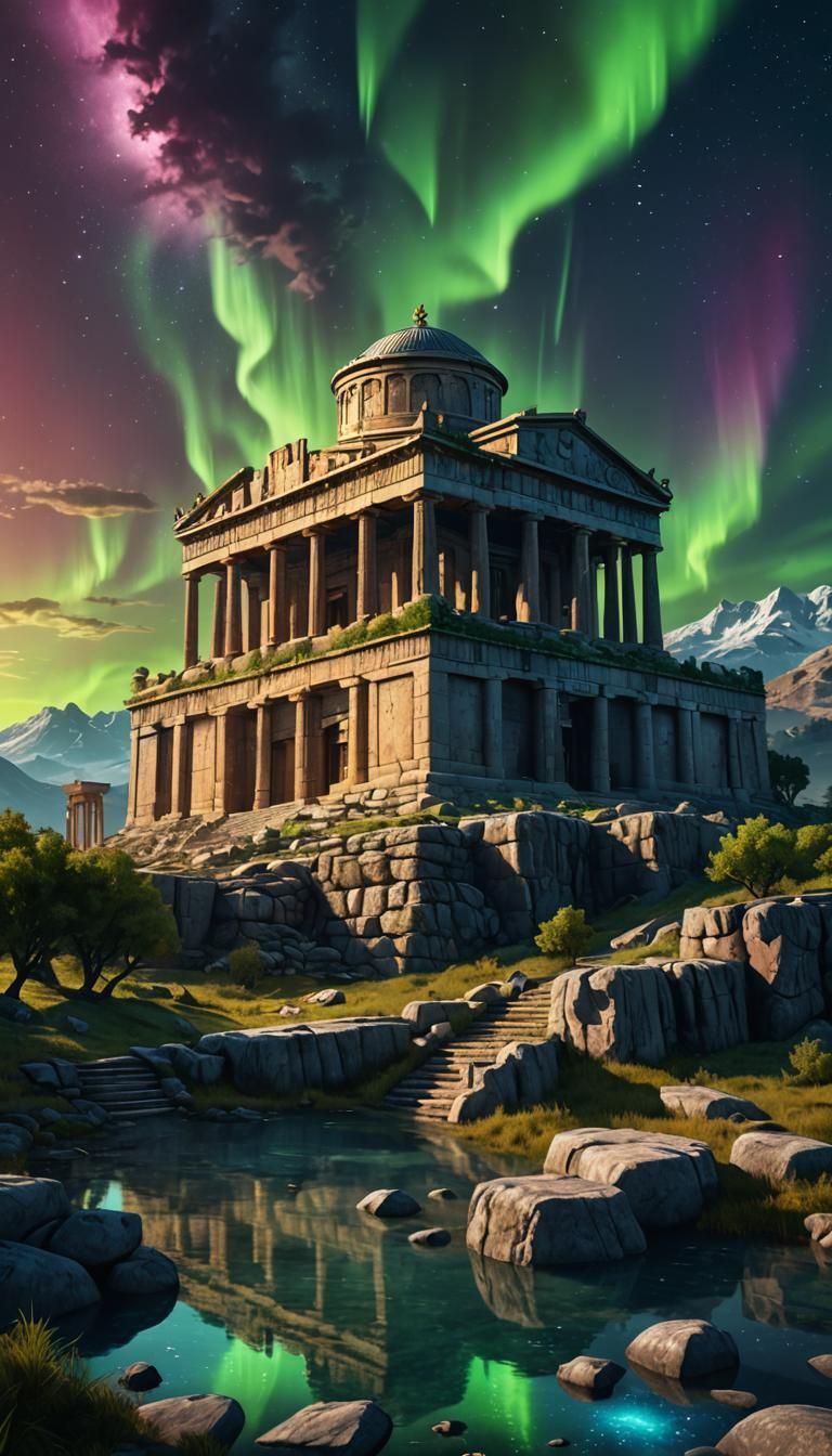 Temple of Artemis Under Aurora: Detailed Matte Painting