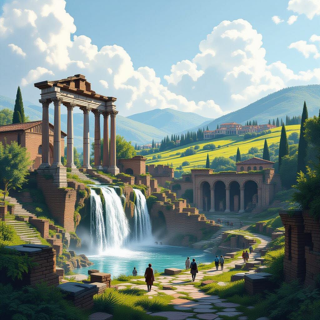 Italian Roman Ruins with Waterfall in Pictorial Style