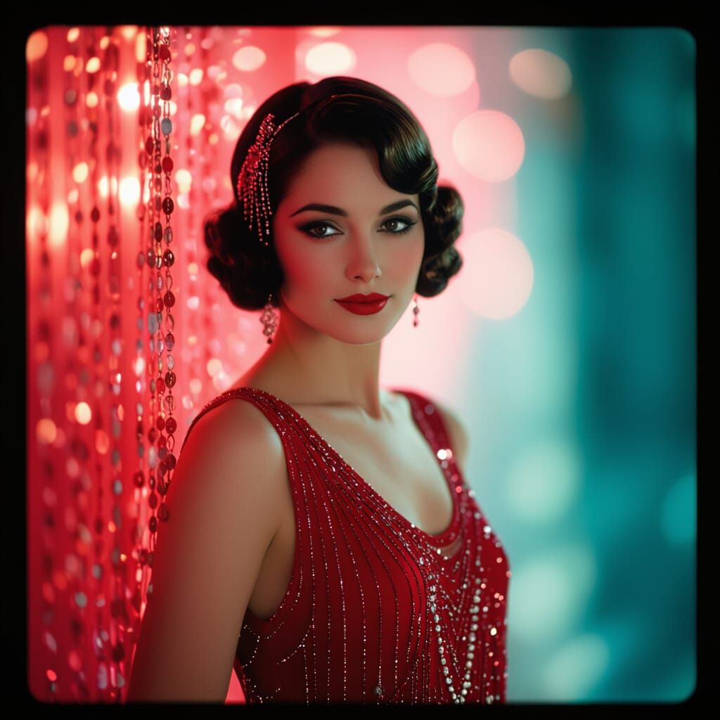 Elegant Woman in Red Flapper Dress, 1925 Style