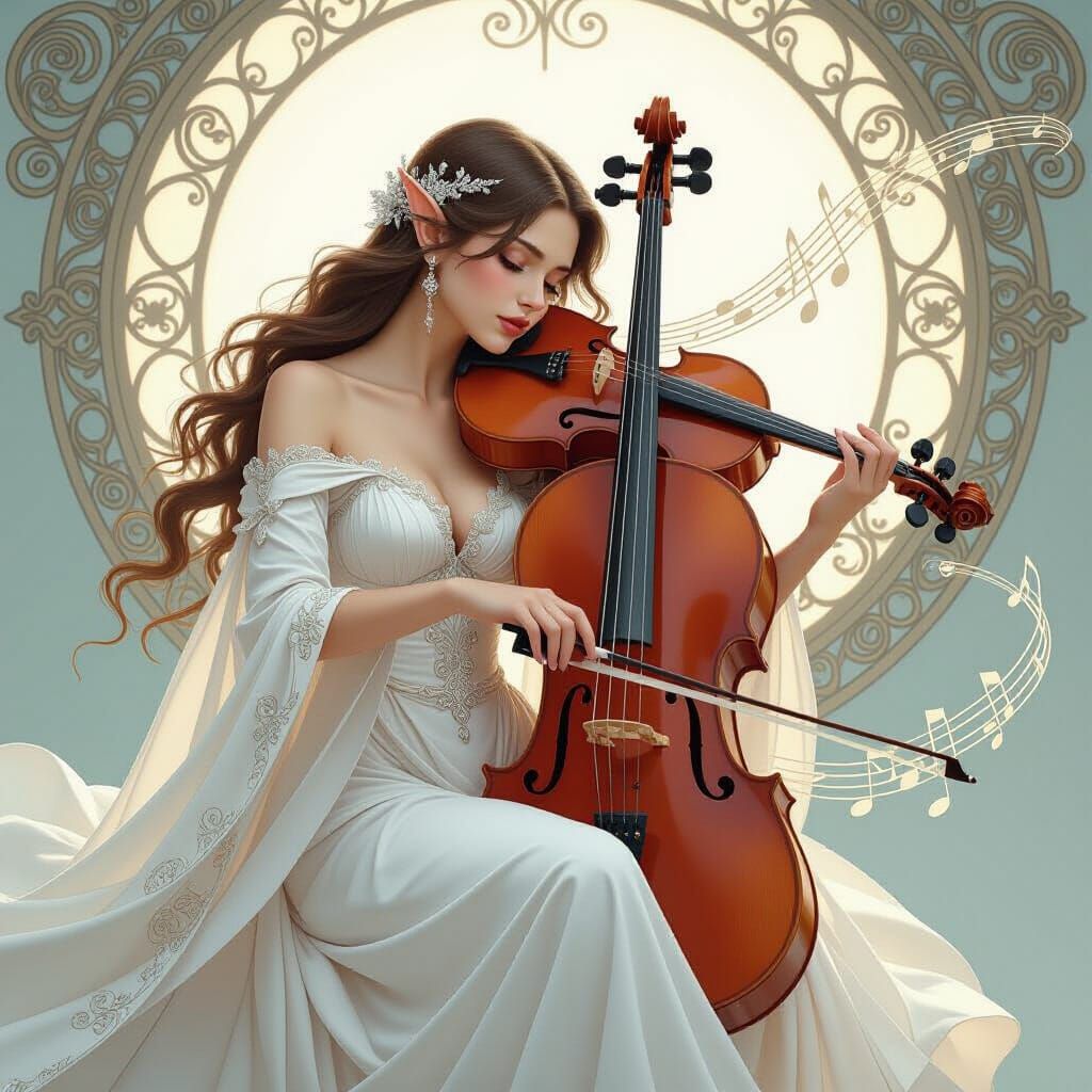 Sorrowful Elf Playing Cello in Ethereal Art Nouveau Style