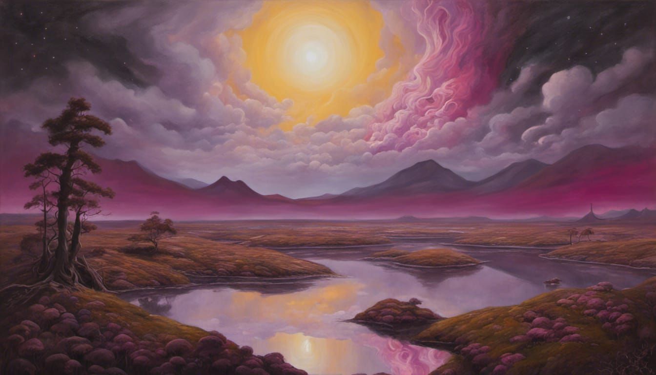 Surreal Mushroom Forest Landscape with Distant Sun