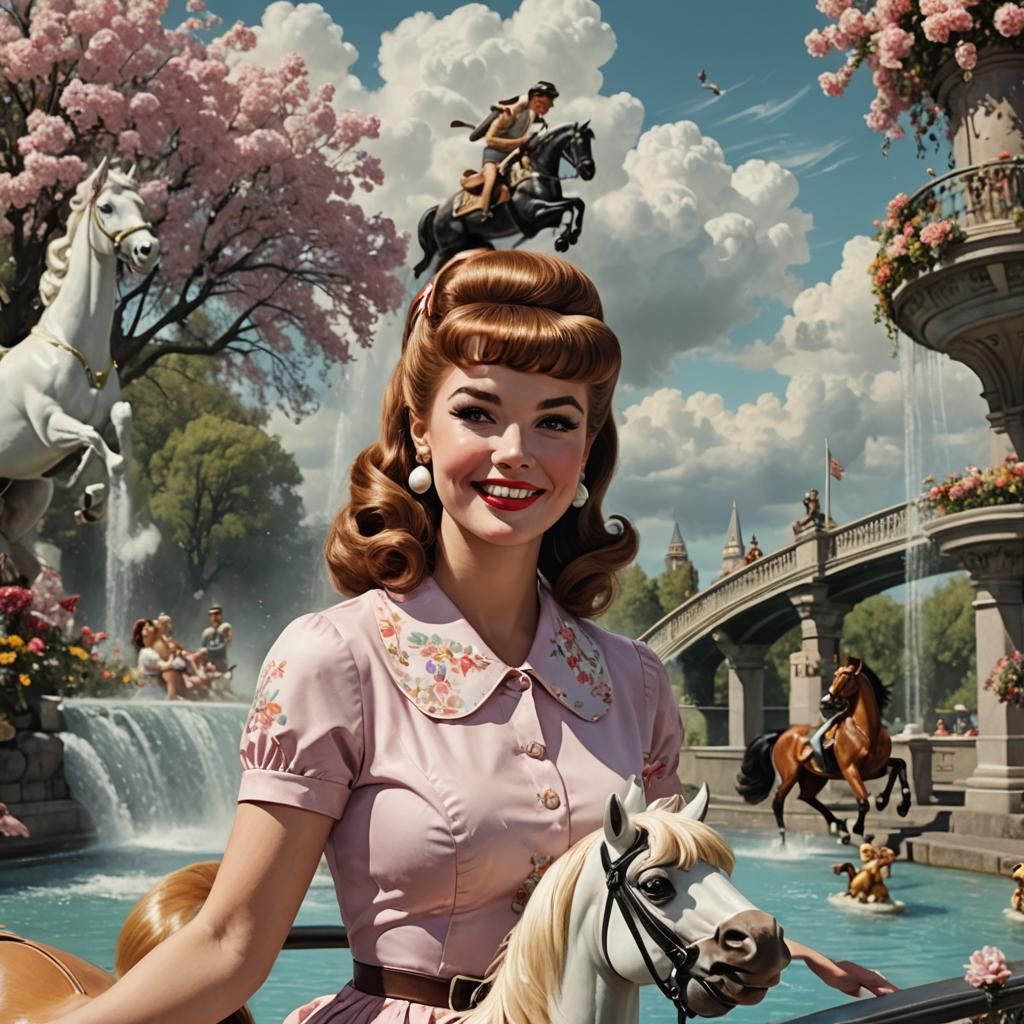 Dreamy 1960s Pinup Portrait with Surreal Elements