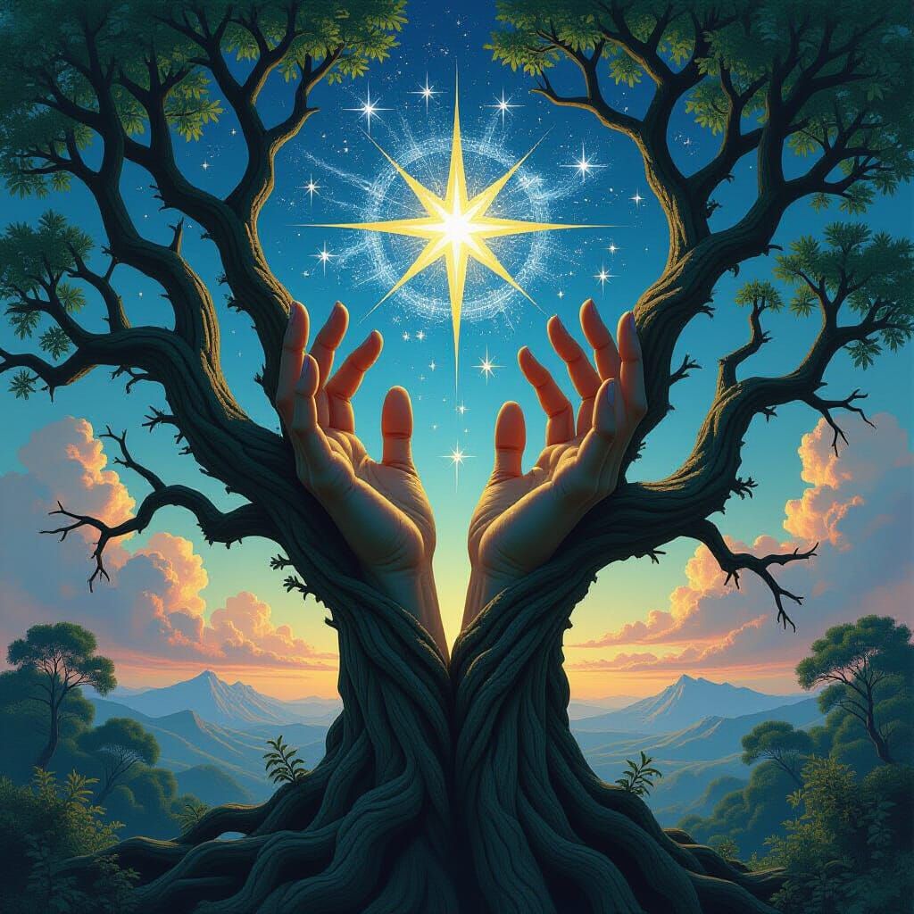 Nature's Dominion: Hands Rearranging Stars in Mystical Art