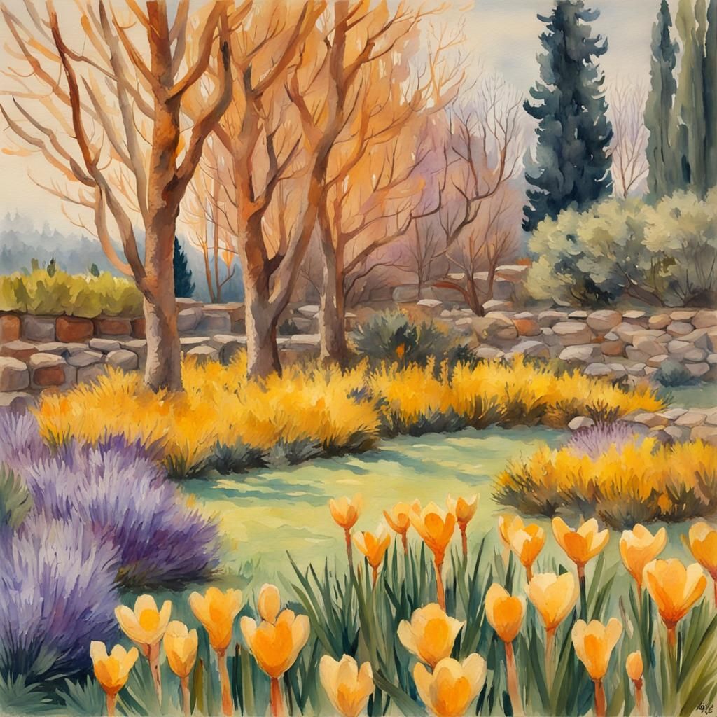 Impressionist Garden with Larch and Crocuses Watercolor