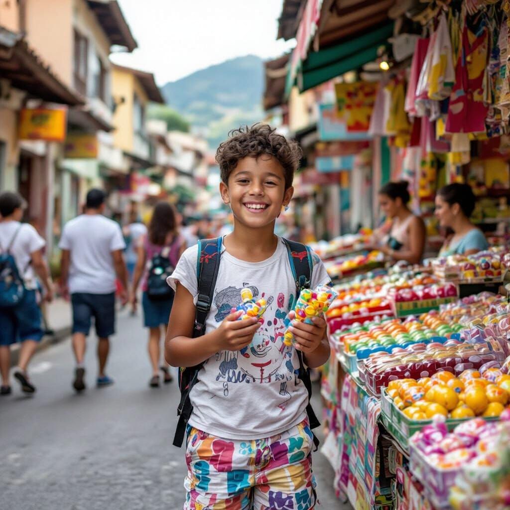 Happy Boy Shopping in Rio, Illustrative Style