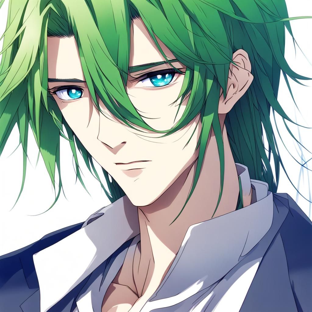 Elegant Anime Man with Green Hair and Blue Eyes