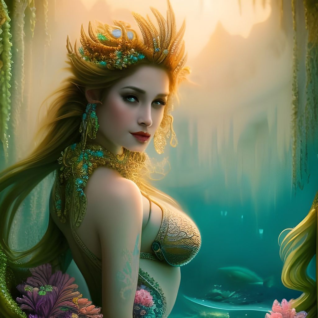 Fantasy Mermaid Overlooking Ancient Underwater City