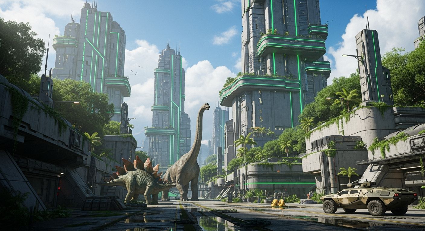 Futuristic Industrial Zone with Dinosaurs and Neon Lights