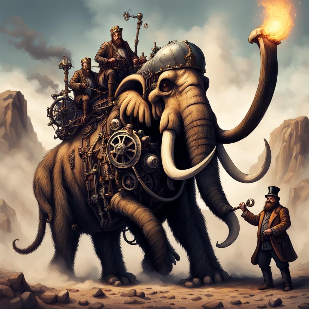 Skeleton Kings Slaying Mammoth with Steampunk Engine