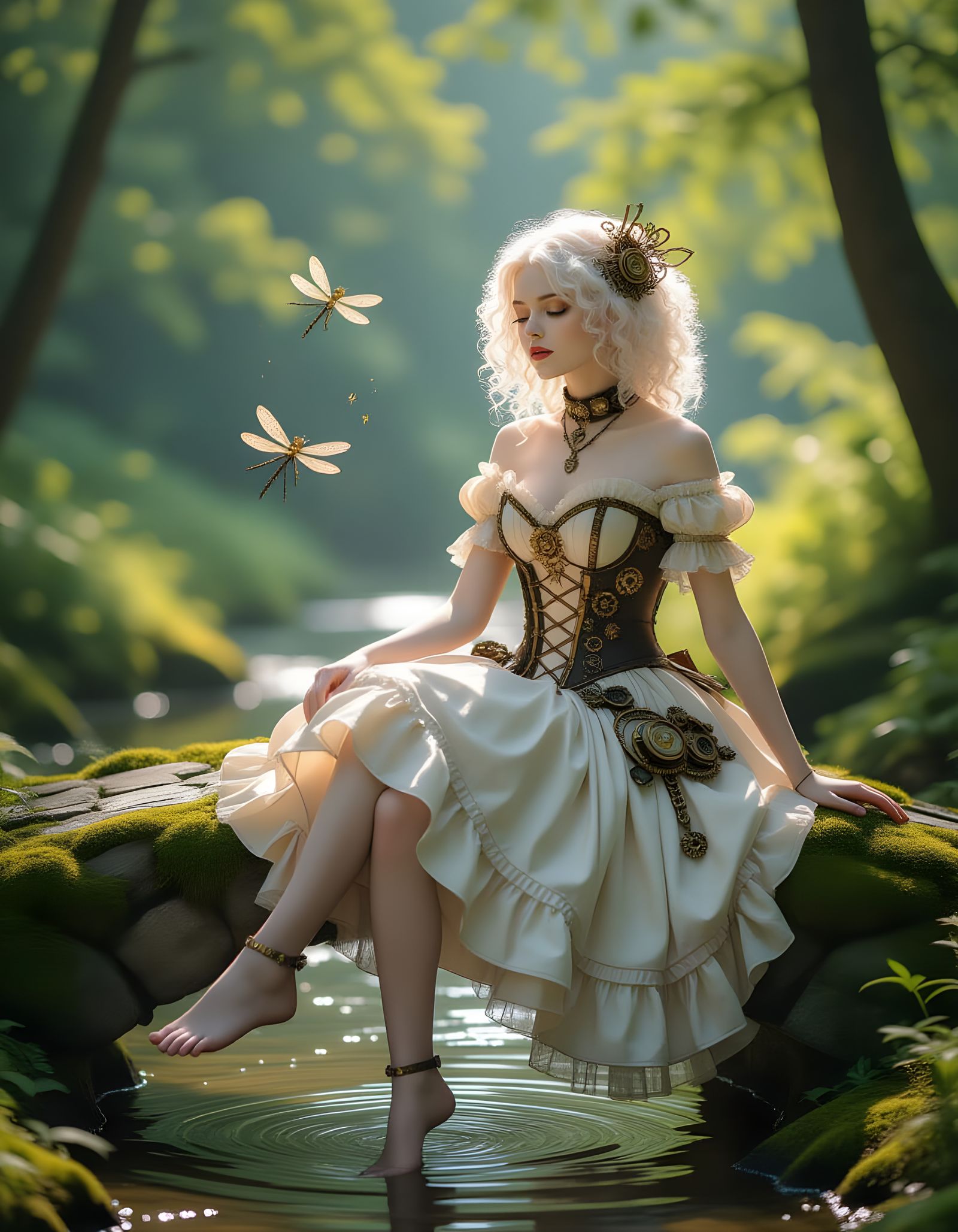 Steampunk Albino Woman on Forest Bridge