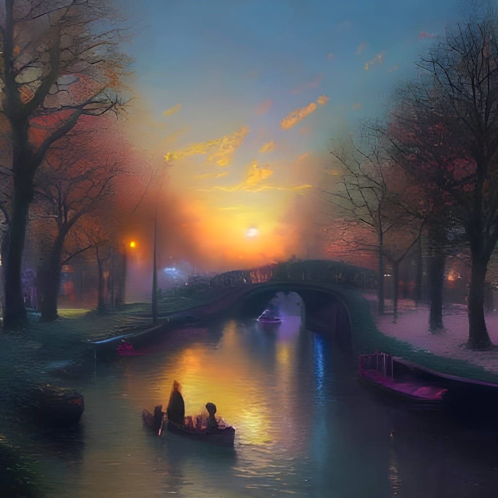Amsterdam Canals Winter Sunset: Hyperrealistic Splash Art
