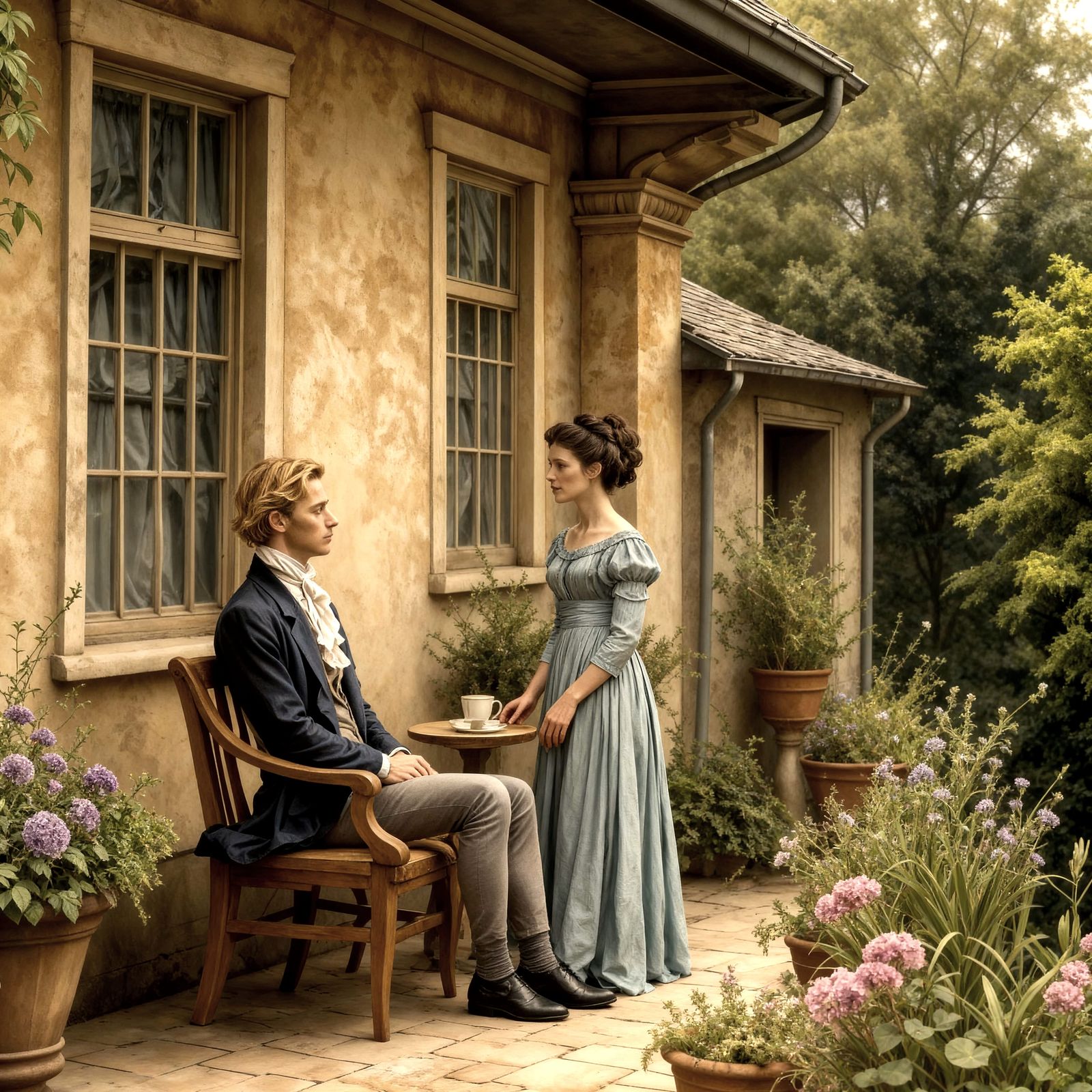 Regency Era Woman Observes Man on Estate Balcony