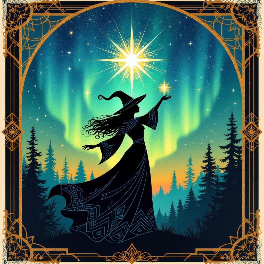 Art Deco Witch Conjures Aurora Over Ancient Forest