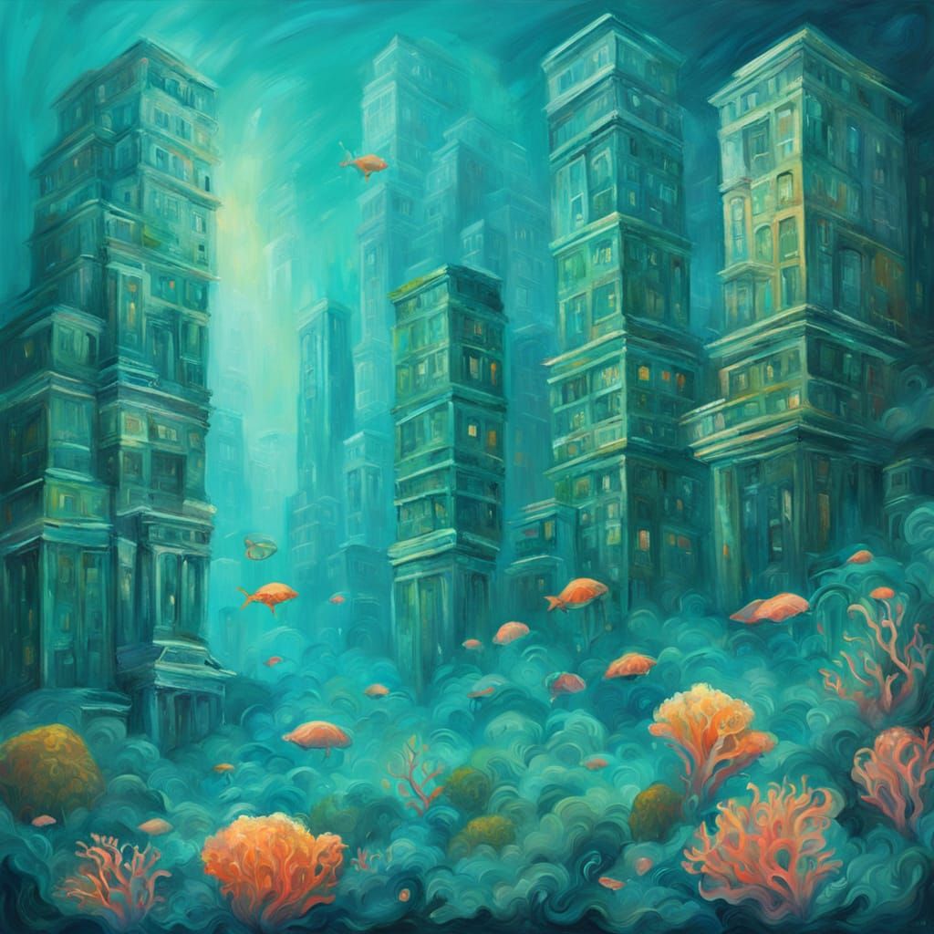 Underwater City: Coral Skyscrapers in Oil Painting