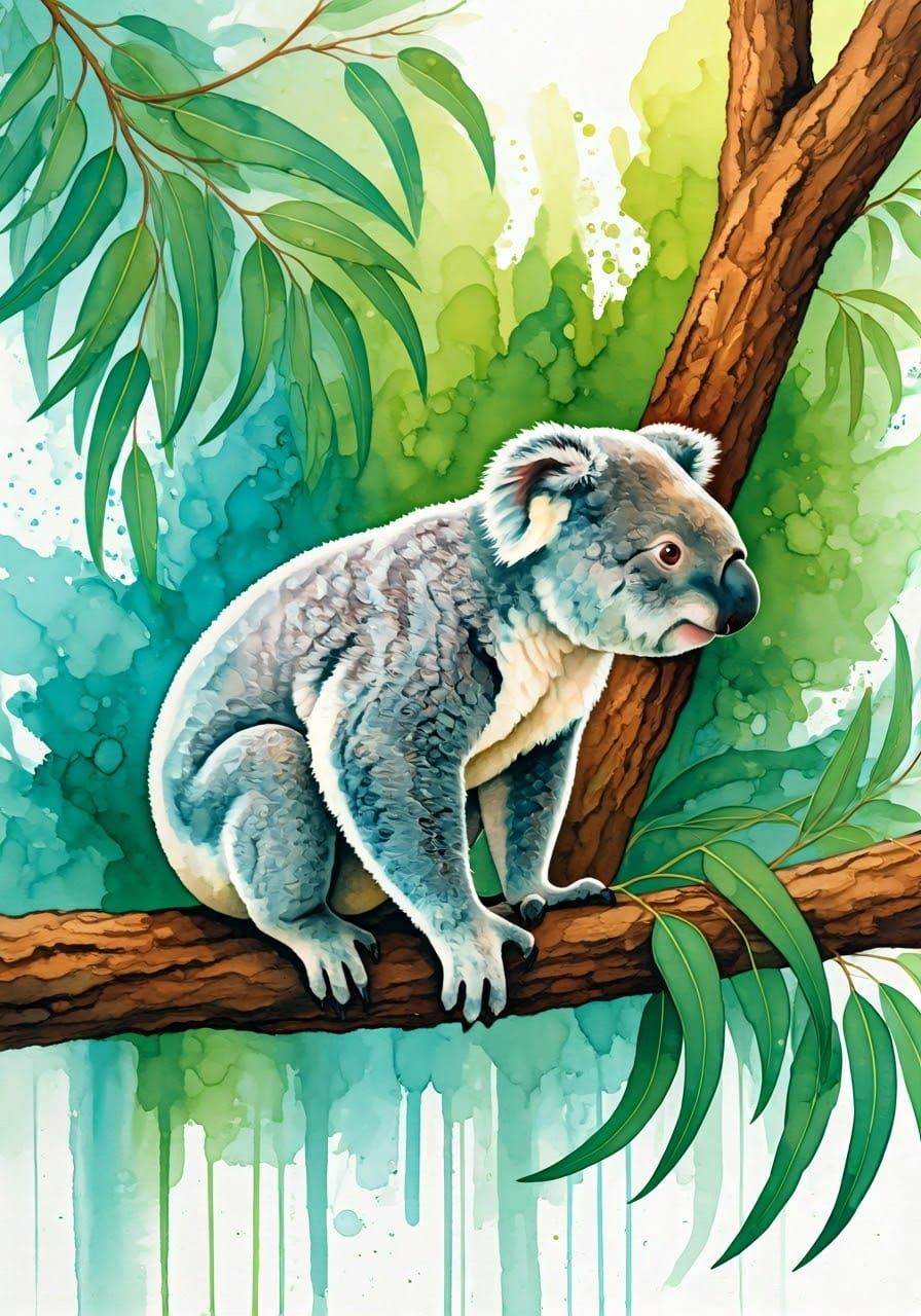 Splash Alcohol inks, a koala in a eucalyptus tree