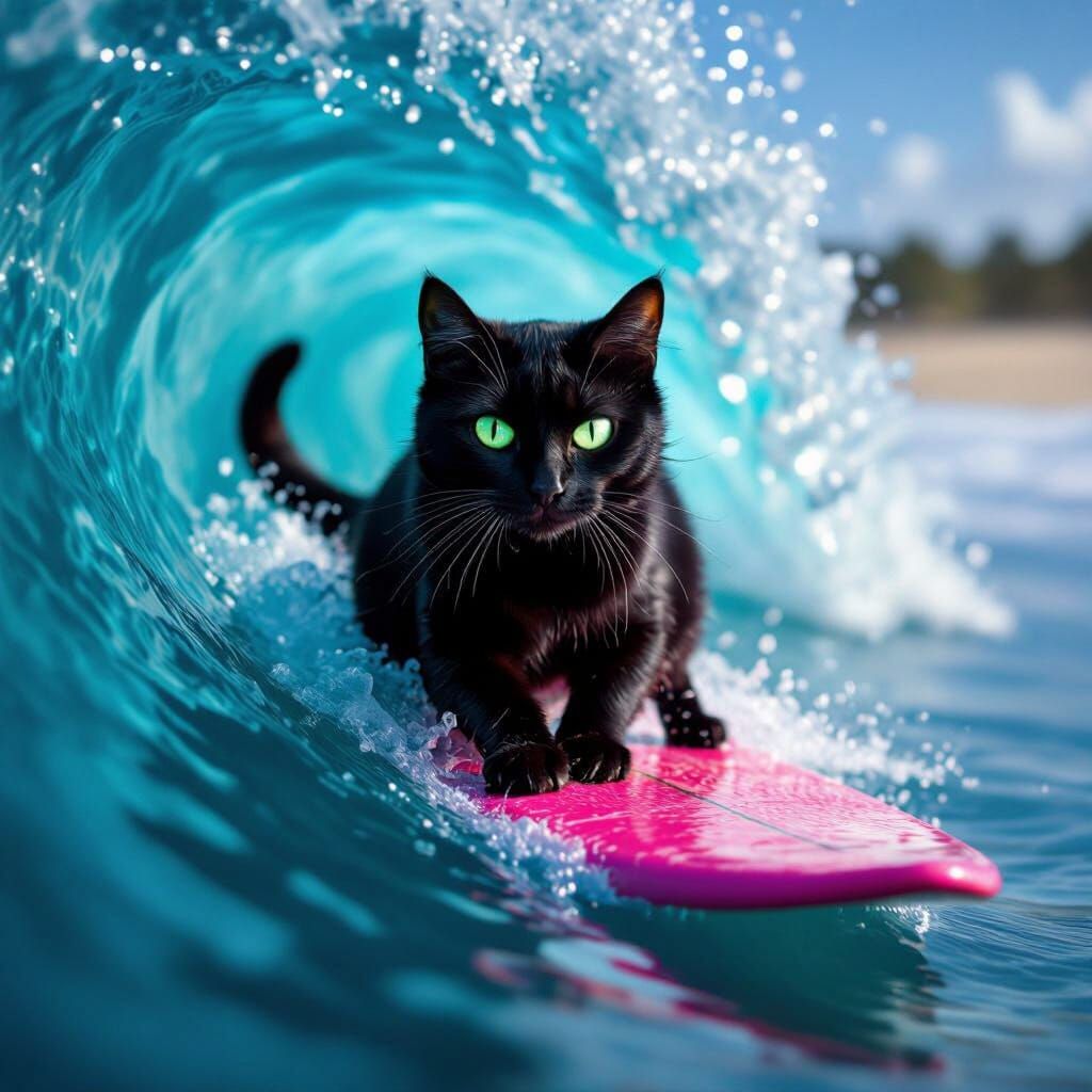 Black Cat Surfing Neon Pink Board