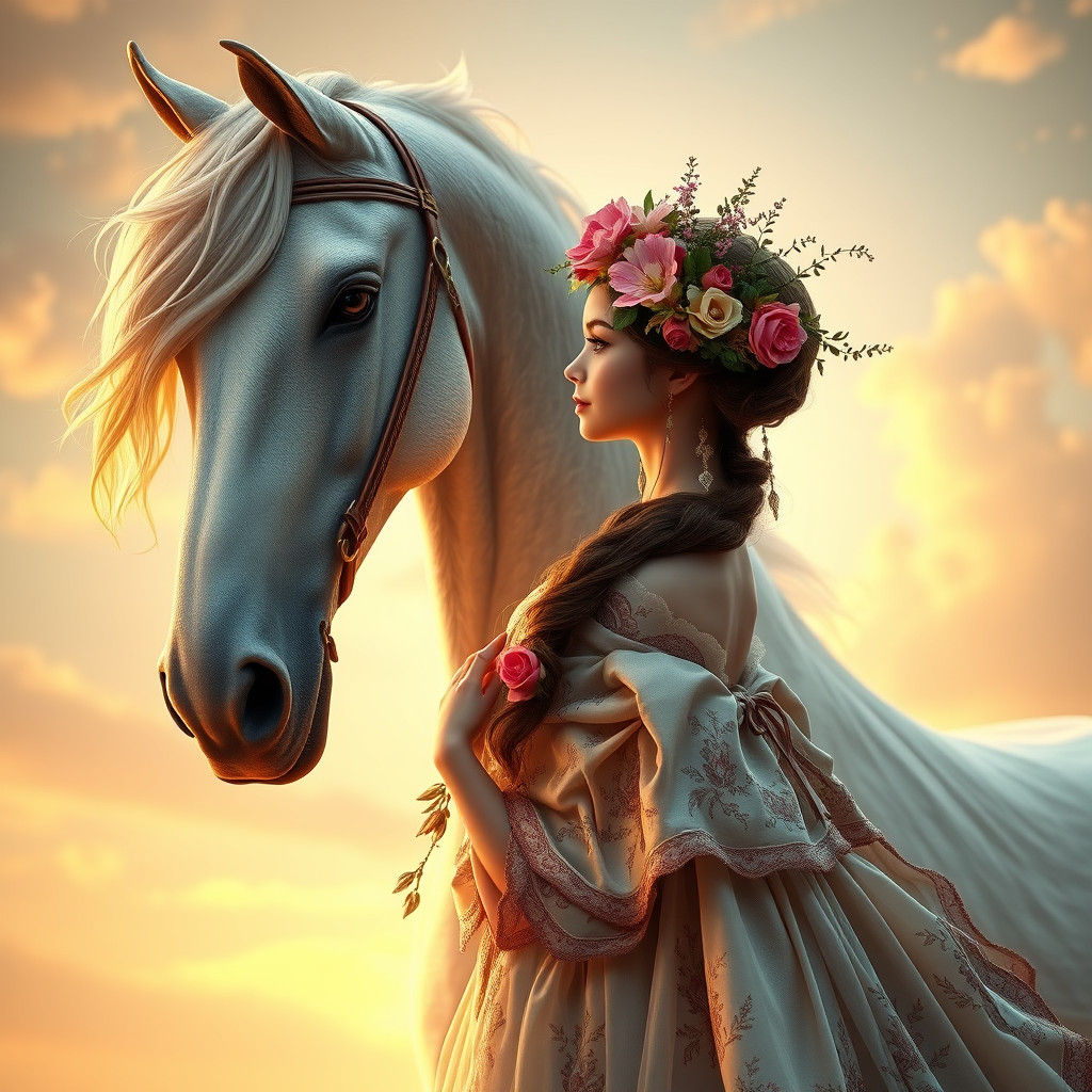 Elegant Fantasy Flower Girl with Horse, Art Nouveau Style