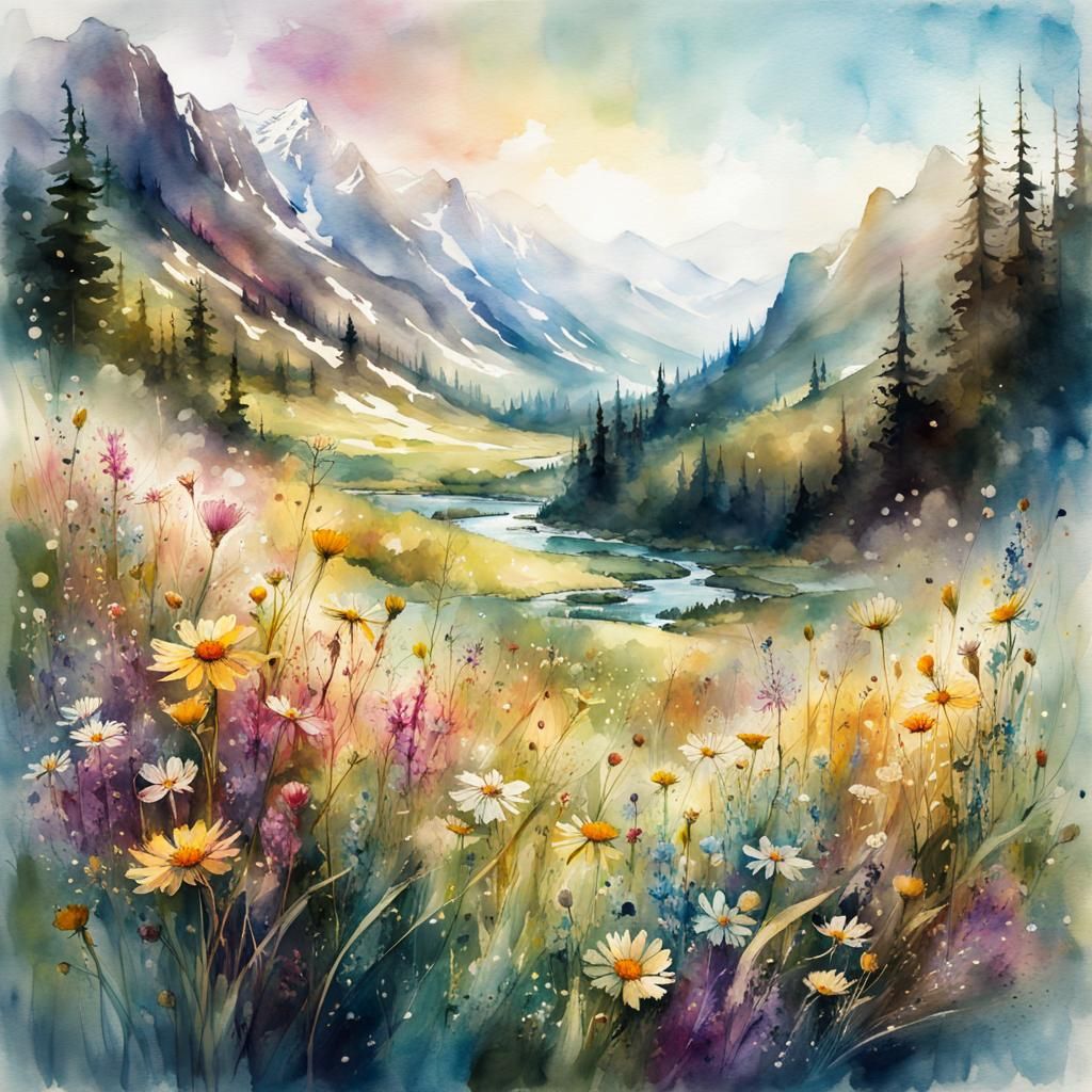 Floral Fantasy Landscape in Watercolor Style