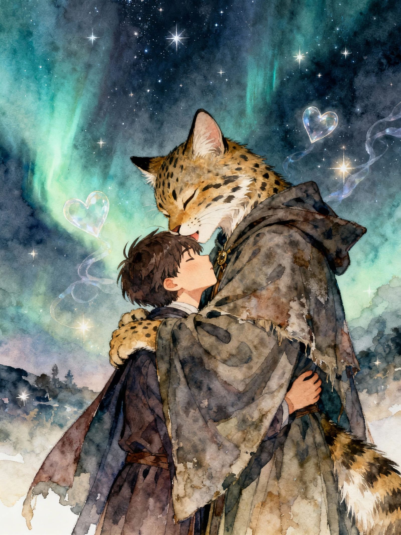 Enchanting Anime Art: Lynx Woman Hugs Man