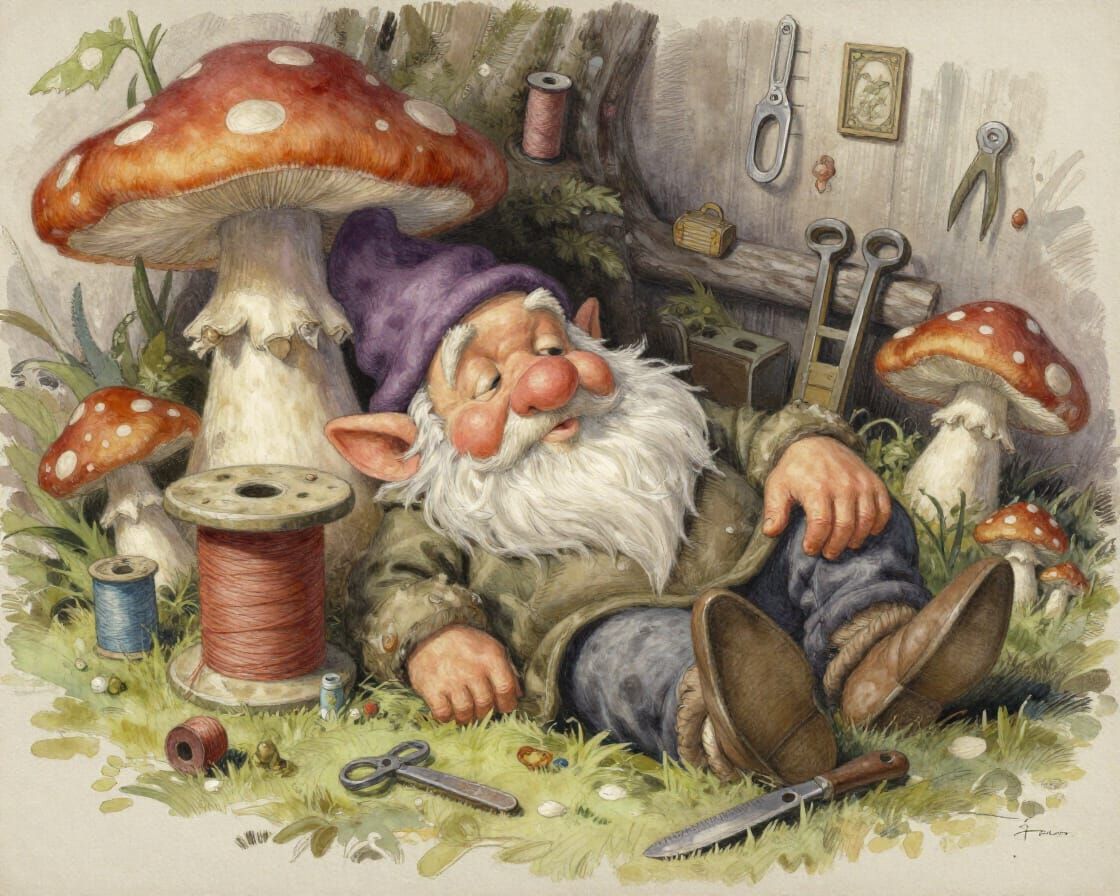 Sleepy Gnome in Mushroom Workshop Watercolor Sketch